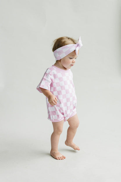 Short Sleeve Bubble Romper | Checkered Smiley Pink