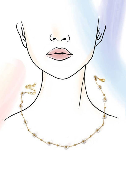 Beaded Flower Necklace - White