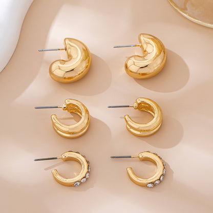 Rhinestone Double Puffy Hoop Set - Gold