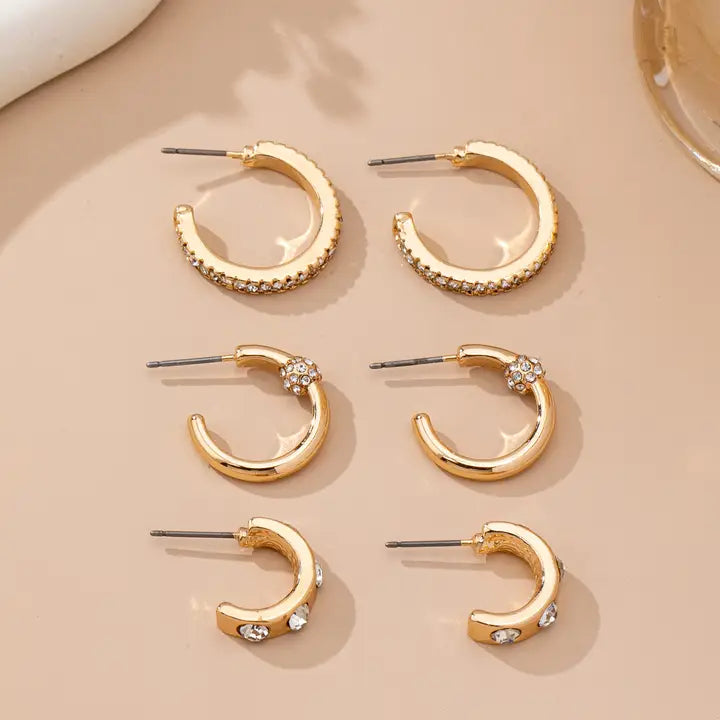 Crystal Huggie Hoop Trio Set - Gold