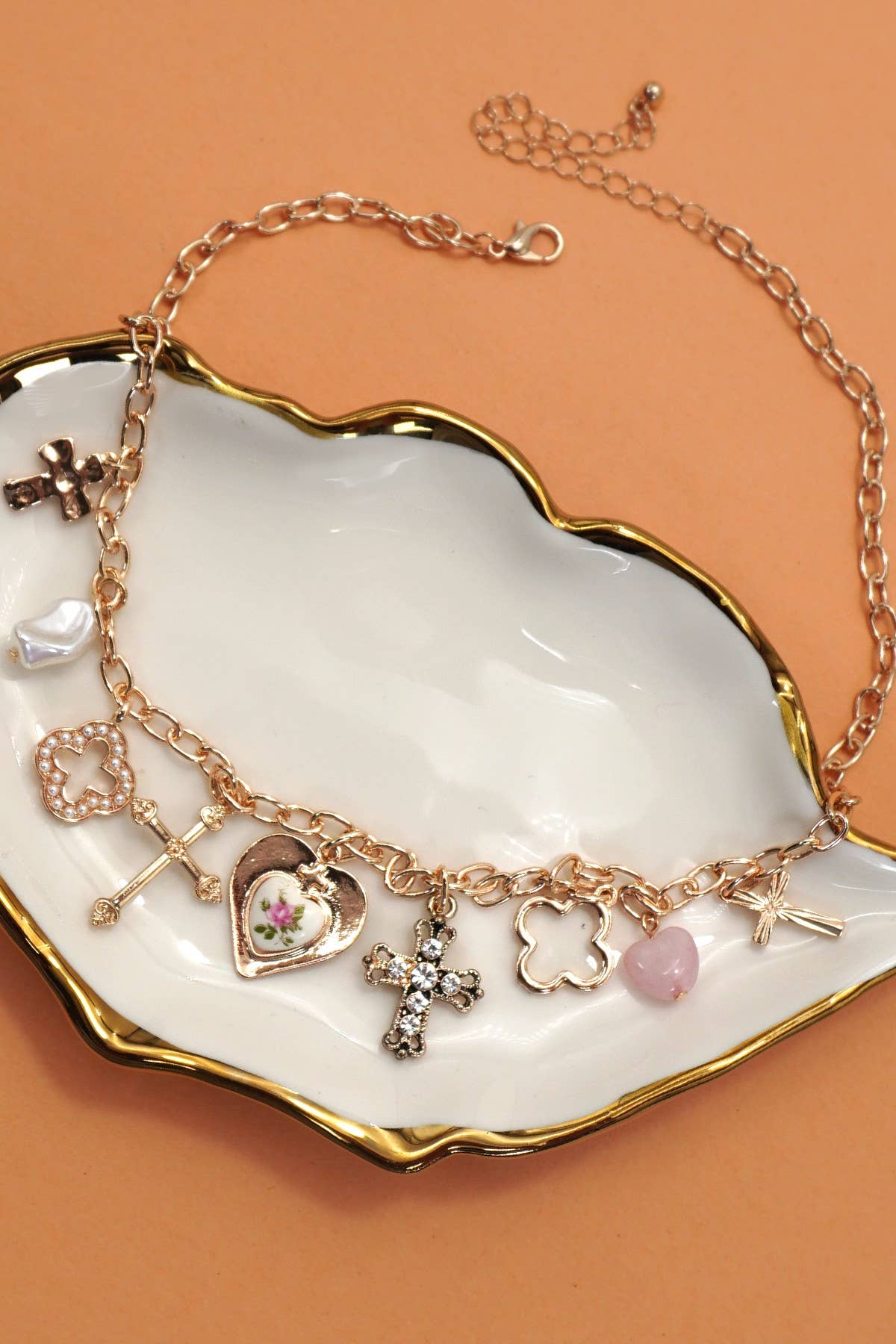 Porcelain Flower Charm Necklace - Gold