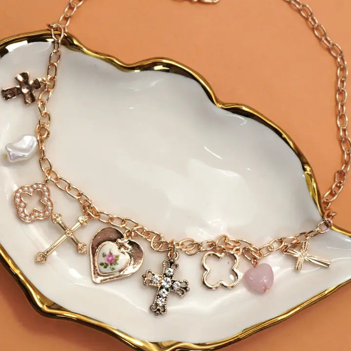 Clover Cross Porcelain Charm Necklace - Gold