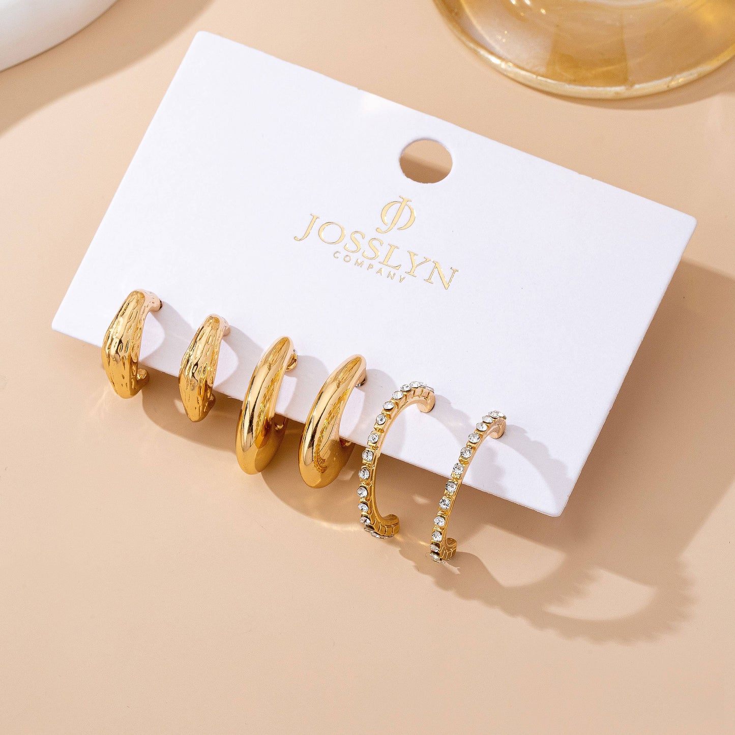 Rhinestone Huggie Hoop Earring Set - Gold