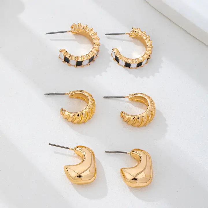 Checker Textured Hoop Trio Set - Gold