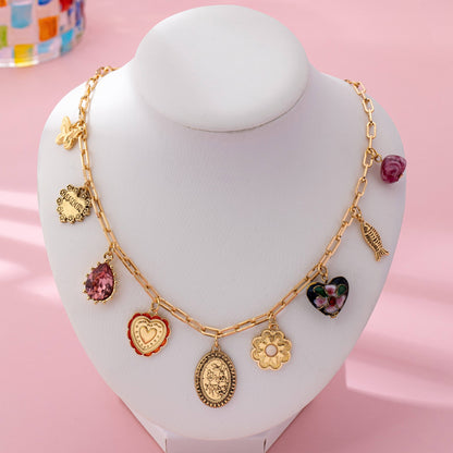 Heart Cloisonne Charm Necklace - Gold