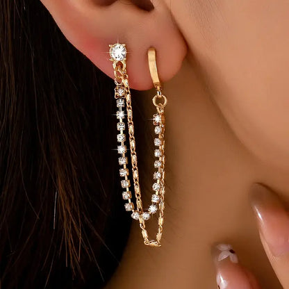 Double Chain Drape Drop Earrings - Gold