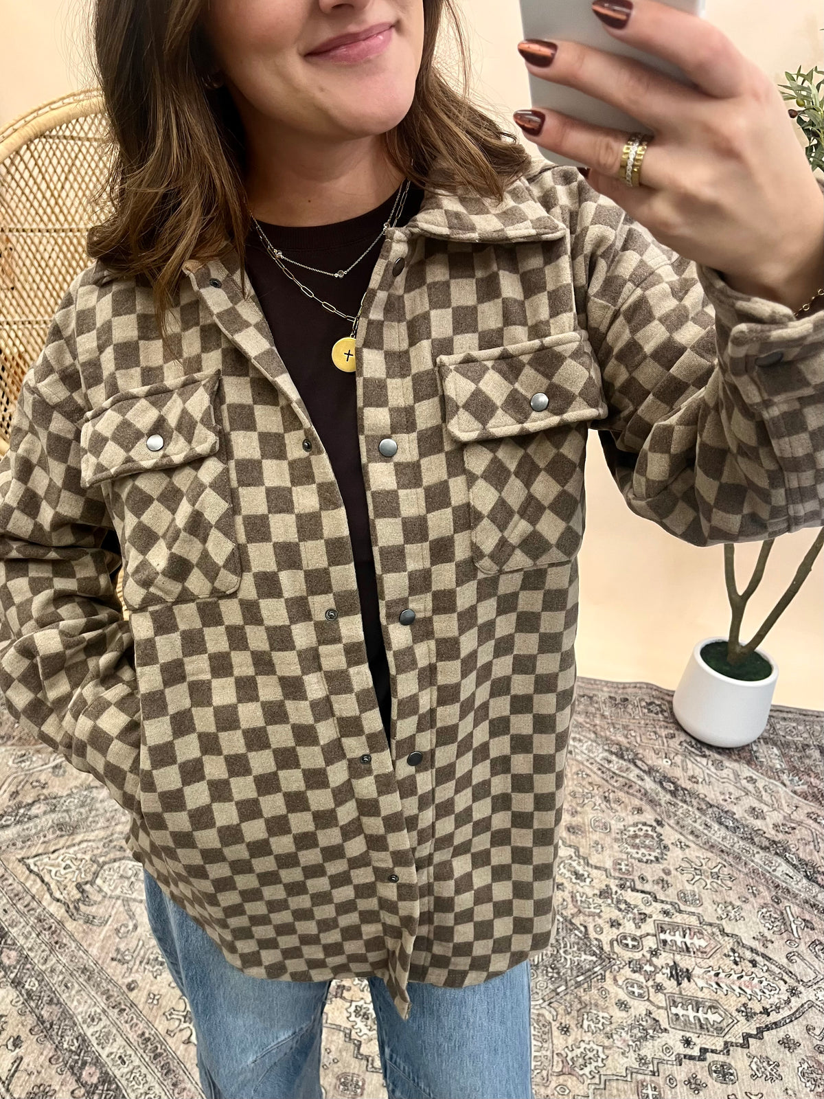 Brielle Checkered Shacket - Taupe