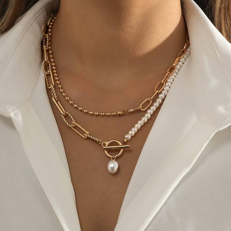 Pearl Mix Double Layer Necklace - Gold