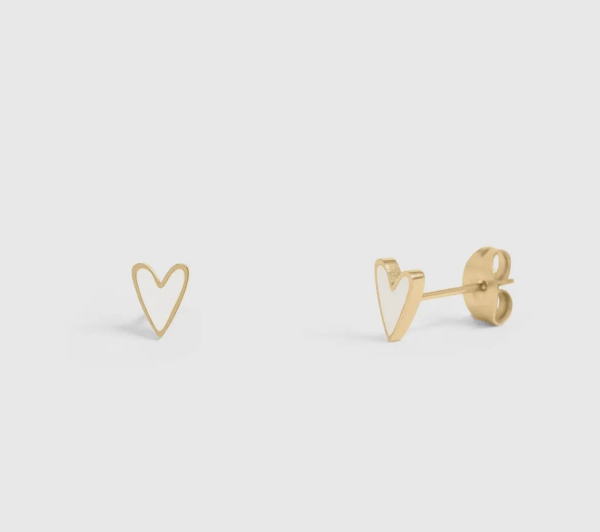 White Heart Stud Earrings - Gold