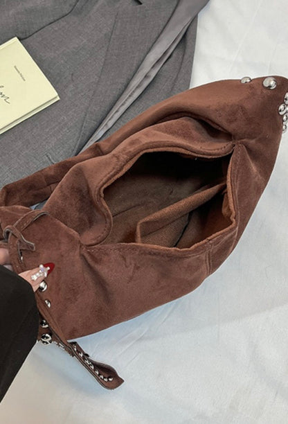 Suede Studded Shoulder Bag - Brown