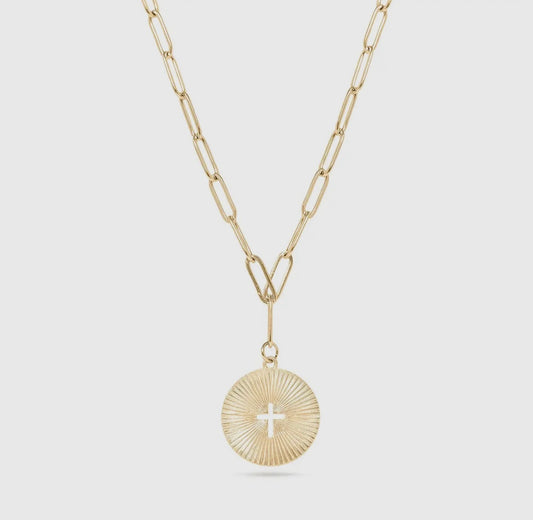 18K Gold Sunburst Cross Charm Necklace