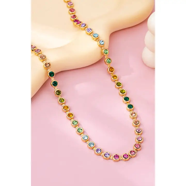 Rainbow Gemstone Tennis Necklace - Gold