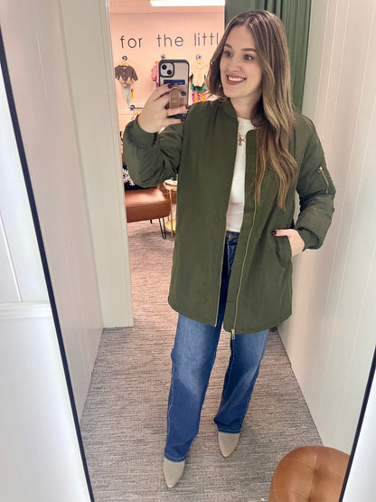 Long Line Bomber Jacket - Olive Green