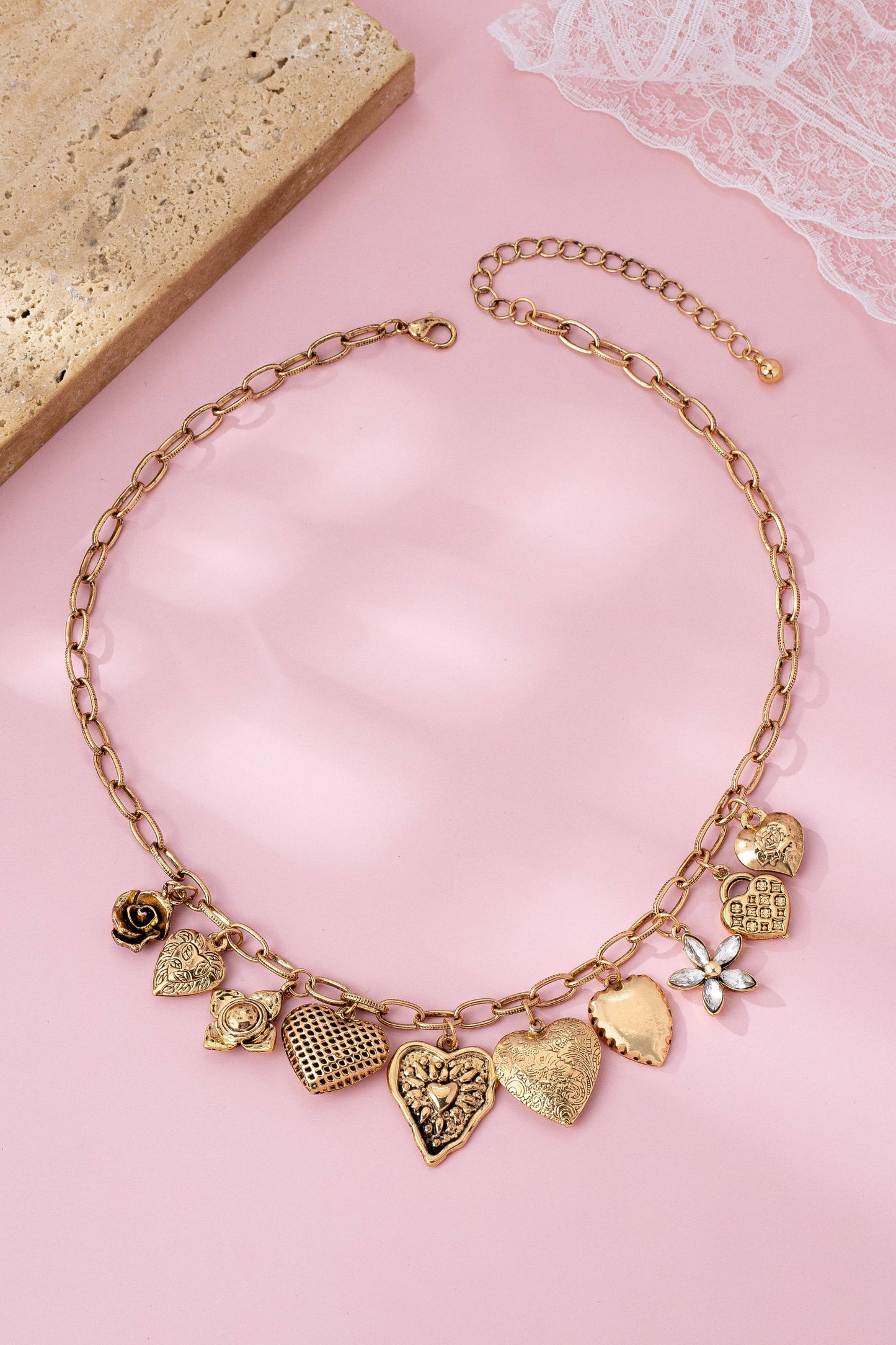Heart Charm Necklace - Vintage Gold
