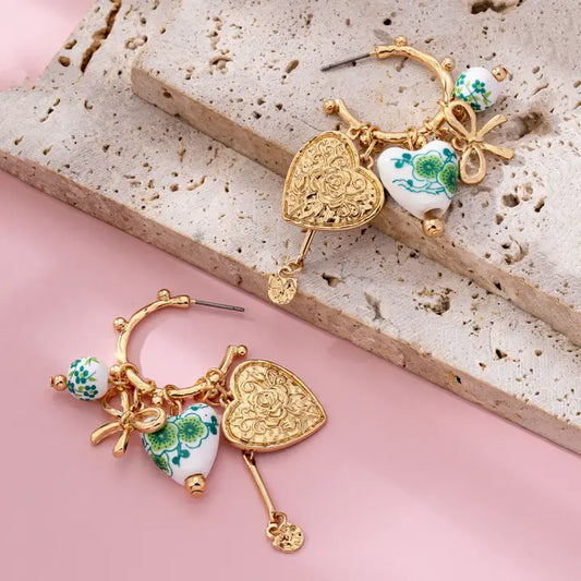 Chinoiserie Hoop Earrings - Gold/Green