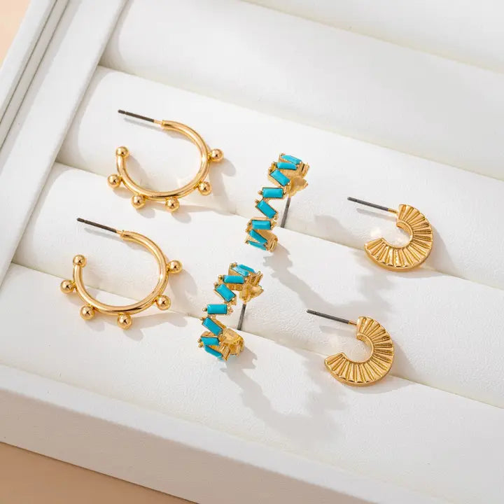 Turquoise Hoop Trio Earring Set - Gold