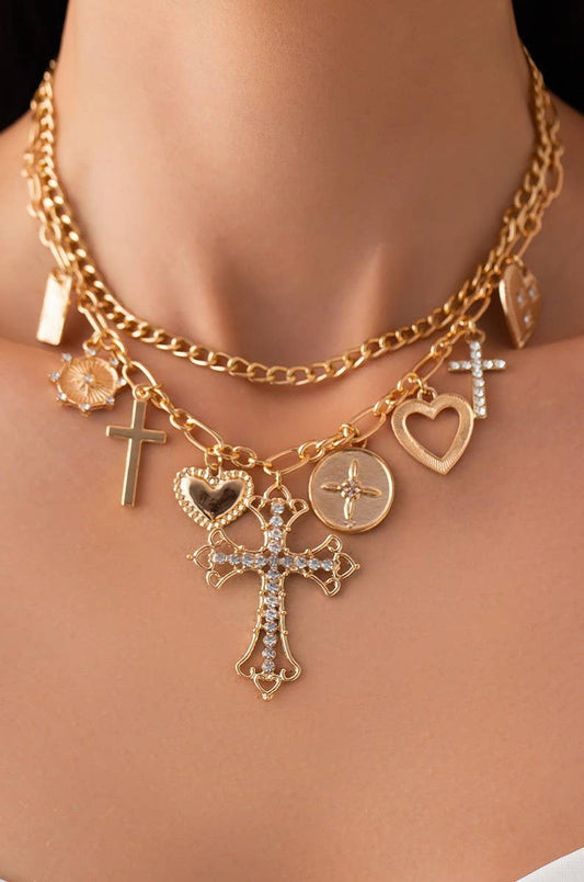 Multi Cross Charm Necklace - Gold