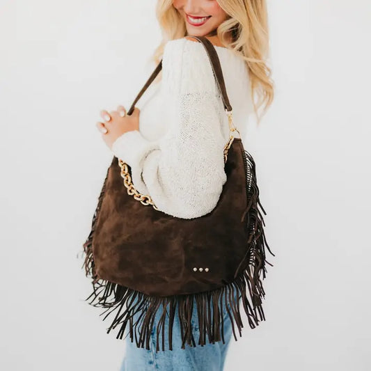 Loretta Suede Fringe Sloughy Bag - Chocolate