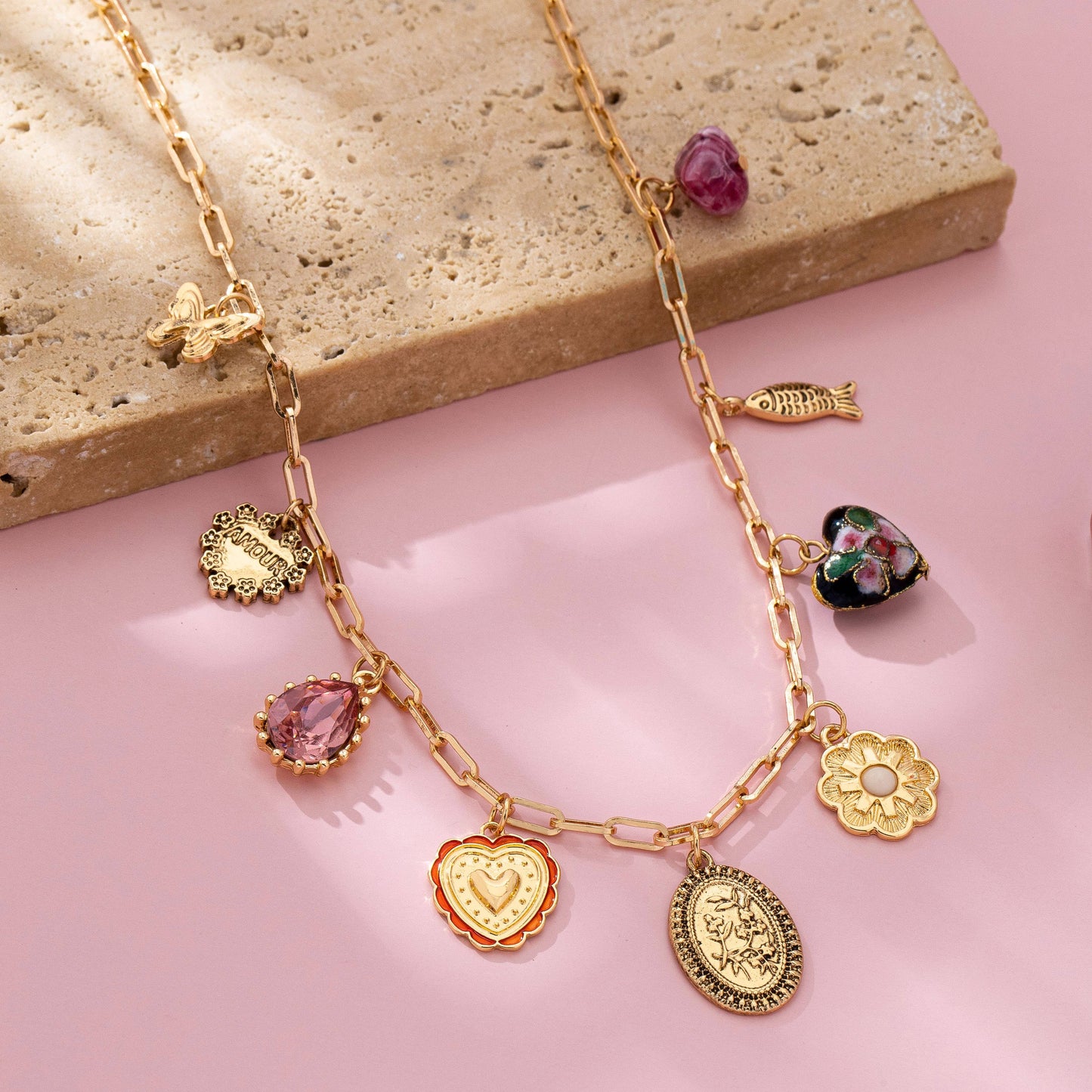 Heart Cloisonne Charm Necklace - Gold