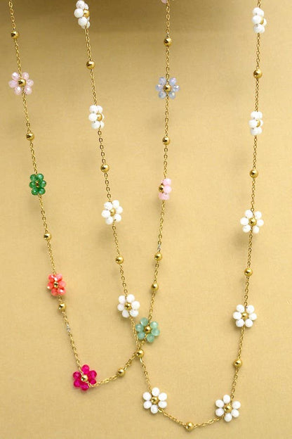 Beaded Flower Necklace - White