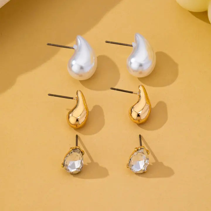Teardrop Trio Studs - Gold