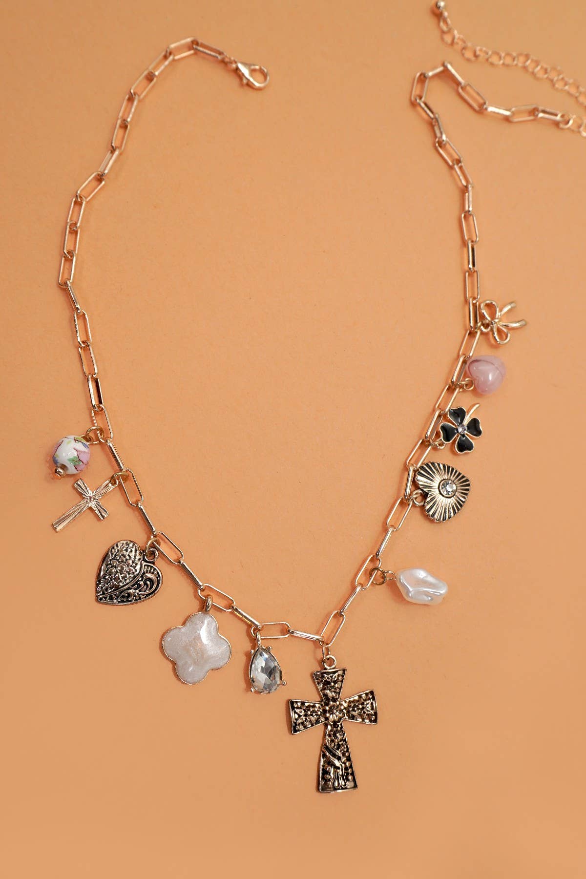 Heart Cross Pearl Charm Necklace