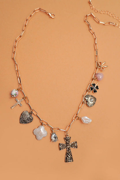 Heart Cross Pearl Charm Necklace