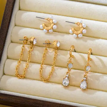 Crystal Dangle Trio Set - Gold