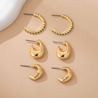 Rhinestone Huggie Hoop Earring Set - Gold