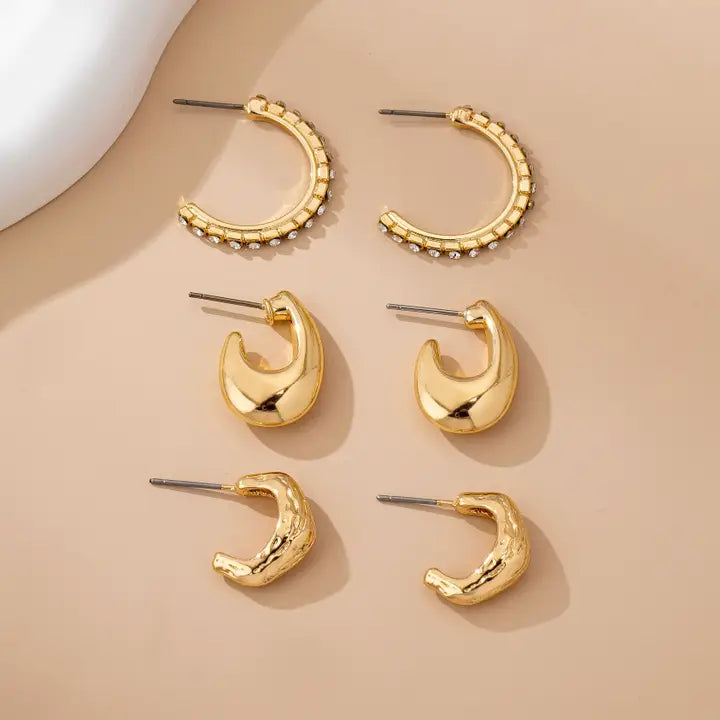 Tapered Rhinestone Hoop Trio Set - Gold