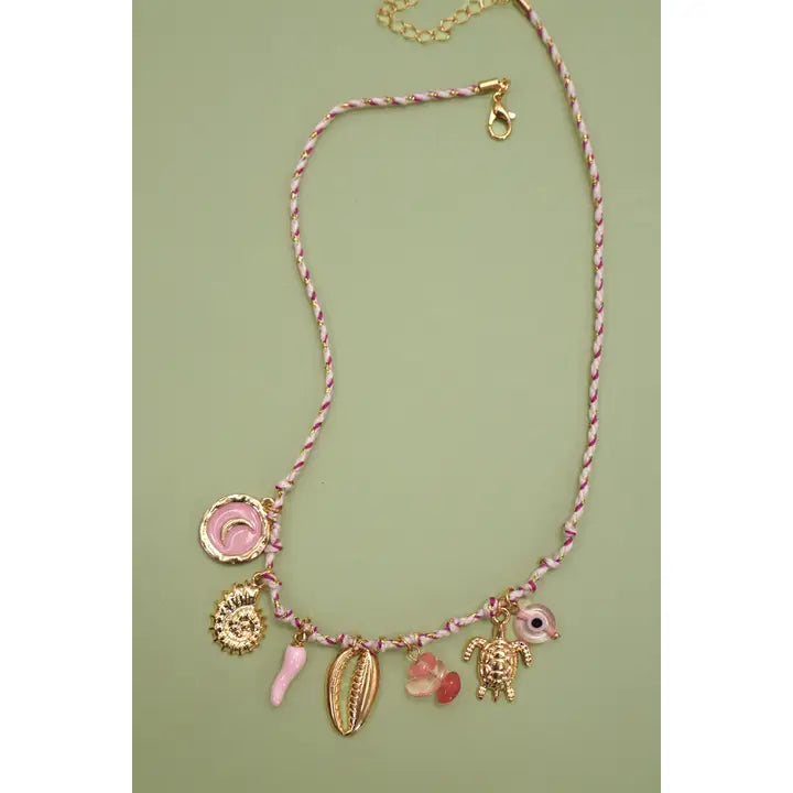 Corded Charm Necklace - Pink