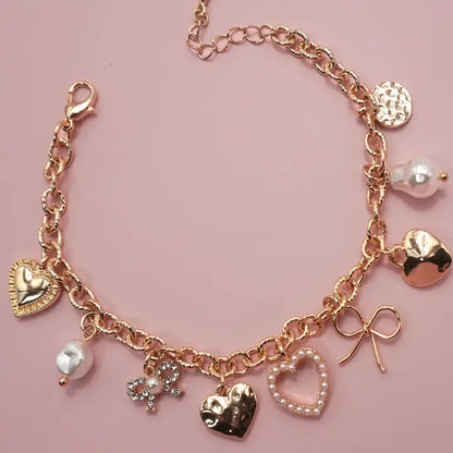 Bow Heart Pearl Charm Bracelet - Gold