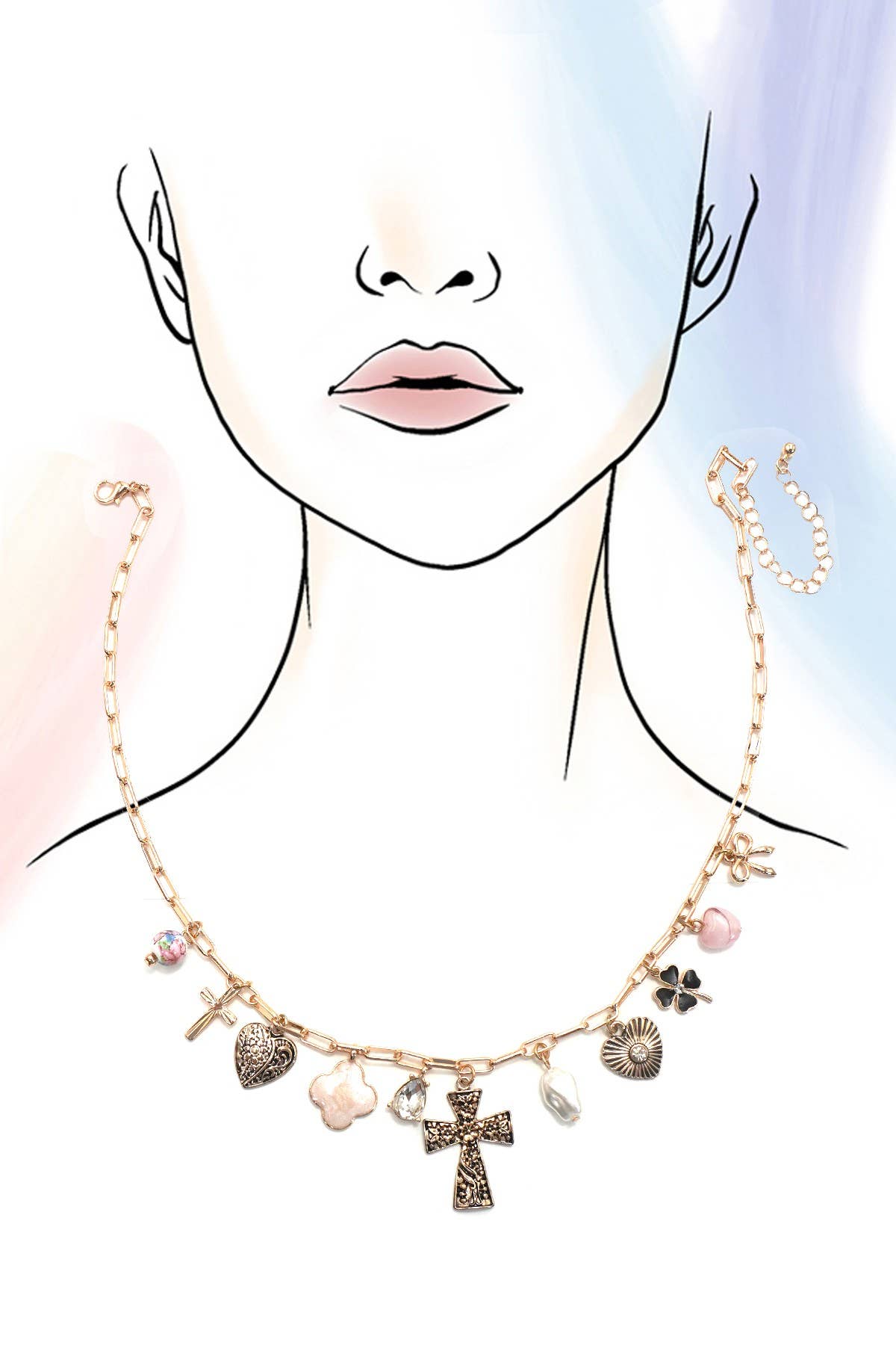 Heart Cross Pearl Charm Necklace