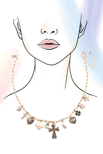 Heart Cross Pearl Charm Necklace