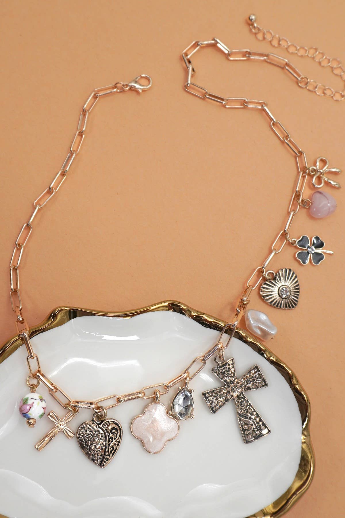 Heart Cross Pearl Charm Necklace