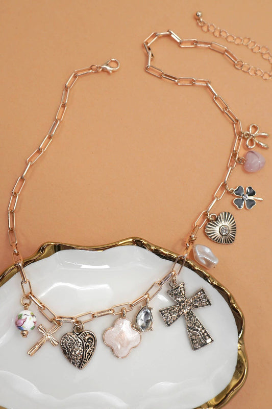 Heart Cross Pearl Charm Necklace