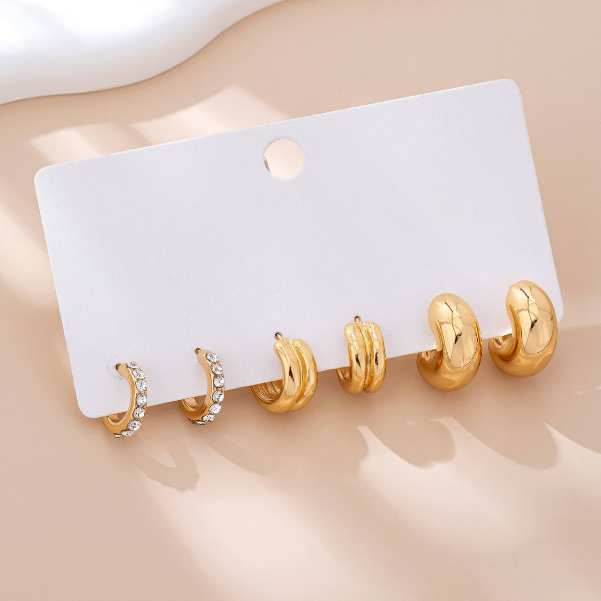 Rhinestone Double Puffy Hoop Set - Gold