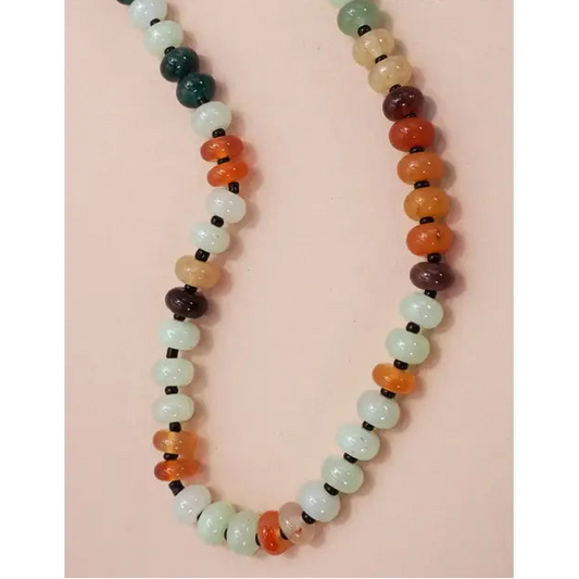 Natural Agate Glass Bead Necklace - Greens/Oranges