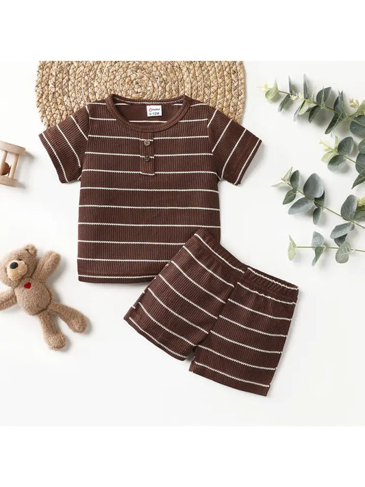 Striped Henley Set - Brown