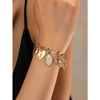 Cross Heart Oval Motifs Charm Bracelet - Gold