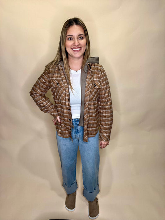 Meadow Hooded Plaid Jacket - Caramel