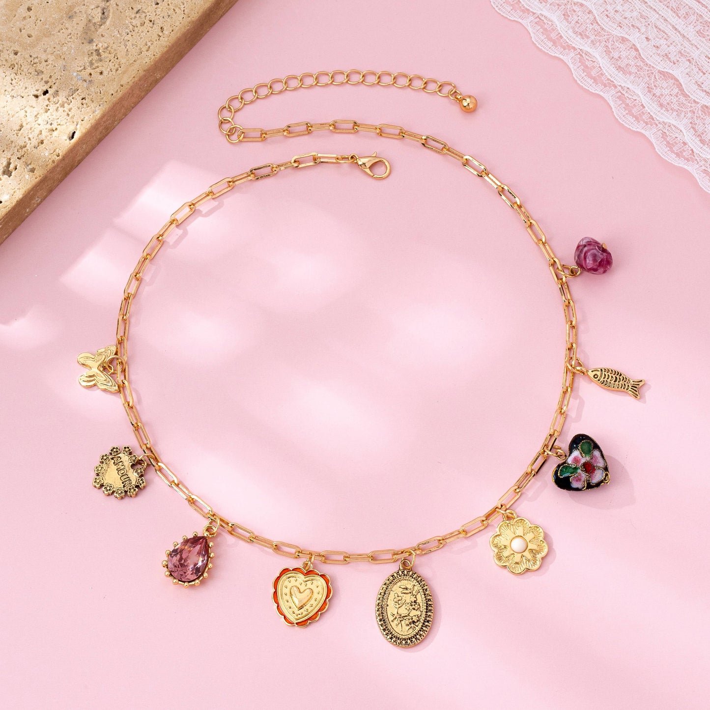 Heart Cloisonne Charm Necklace - Gold
