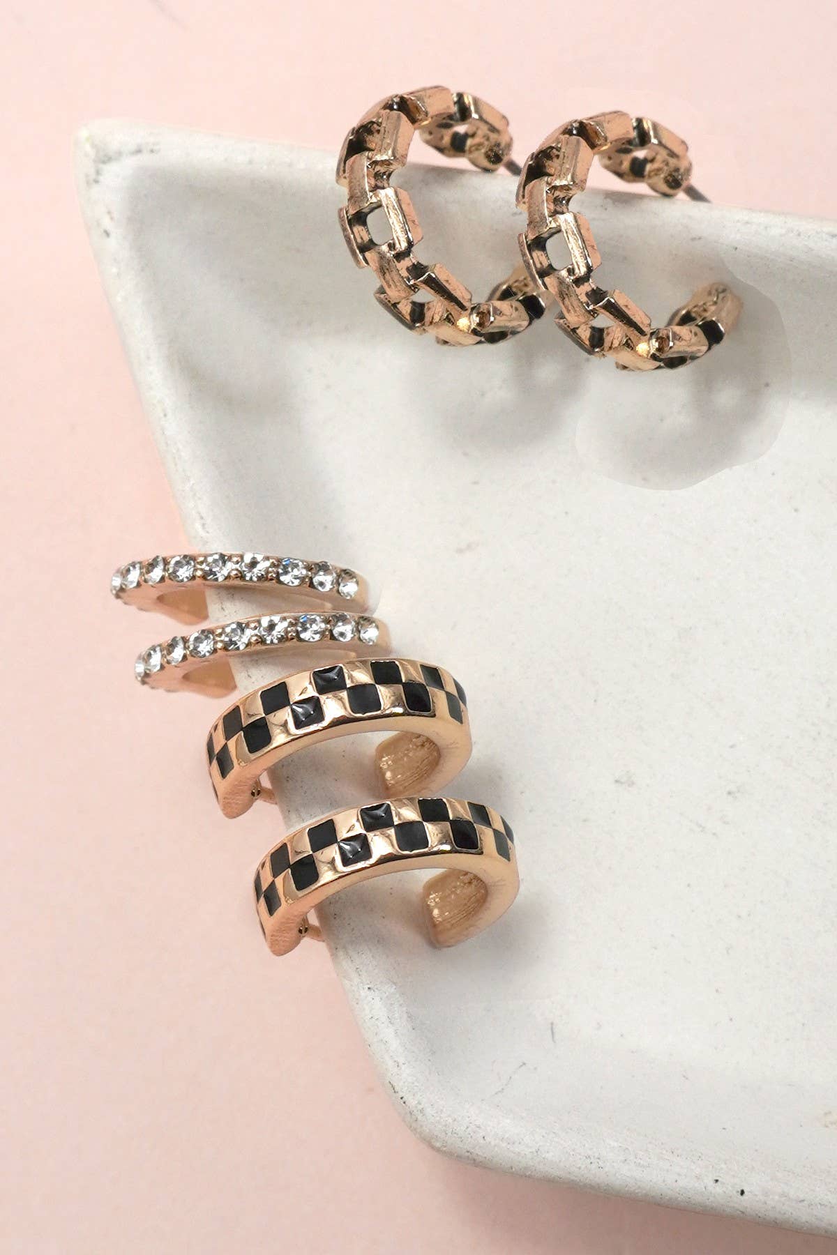 Checkered Hoop Earring Set - Gold