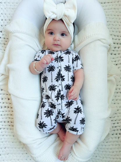 Bamboo Shorty Romper  | Palm Style White