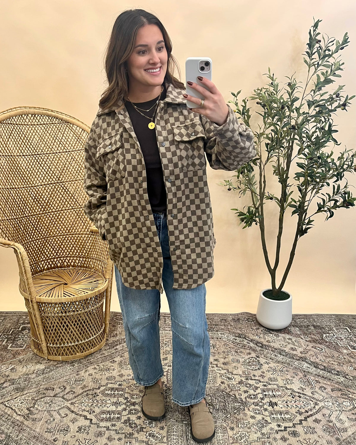 Brielle Checkered Shacket - Taupe