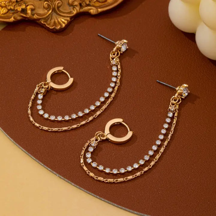 Double Chain Drape Drop Earrings - Gold