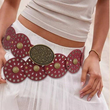 Studded Oval Disc Belt - Brown
