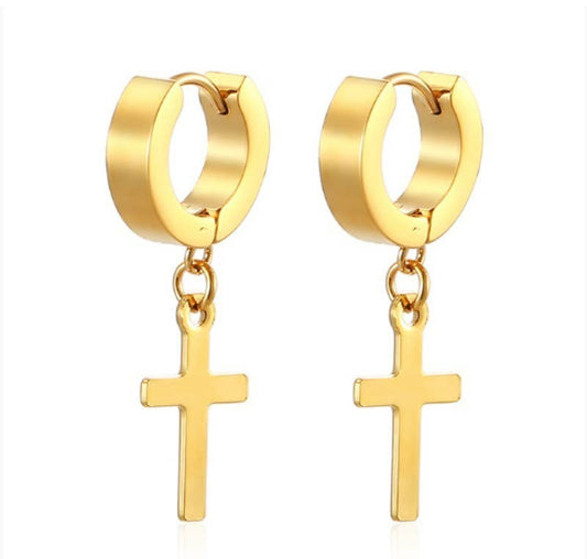 Dangling Cross Huggies - Gold
