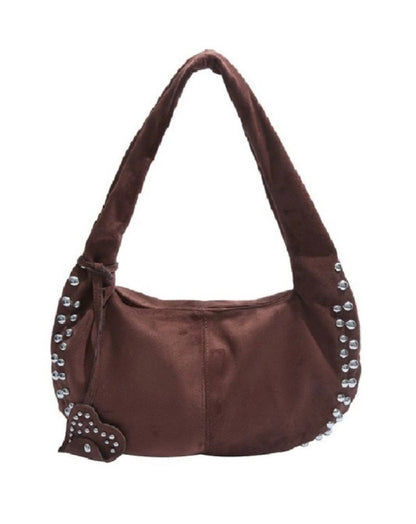 Suede Studded Shoulder Bag - Brown