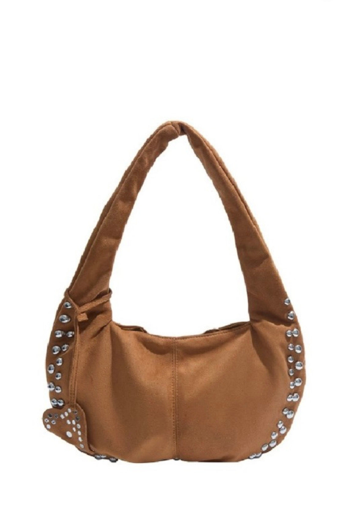Suede Studded Shoulder Bag - Camel